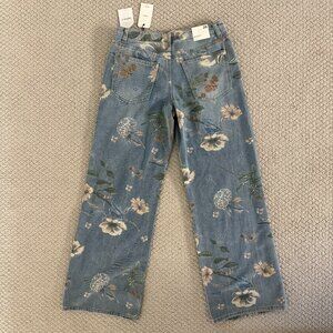 Forever 21 Light Denim Mid Rise Baggy Fit Wide Straight Floral Jeans